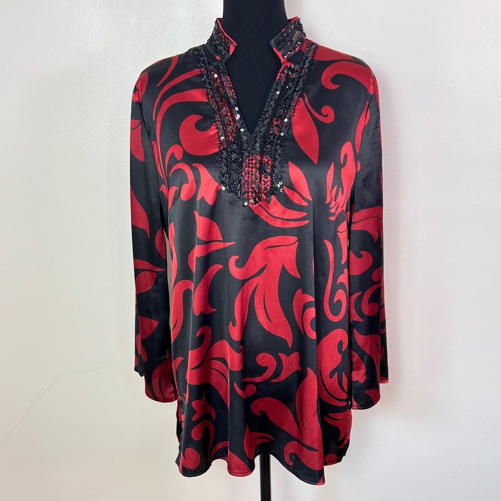 Chico's Tunic Blouse 1.5 (M/10) Red Black Scroll Beaded Sequin Bell Sleeve Chic